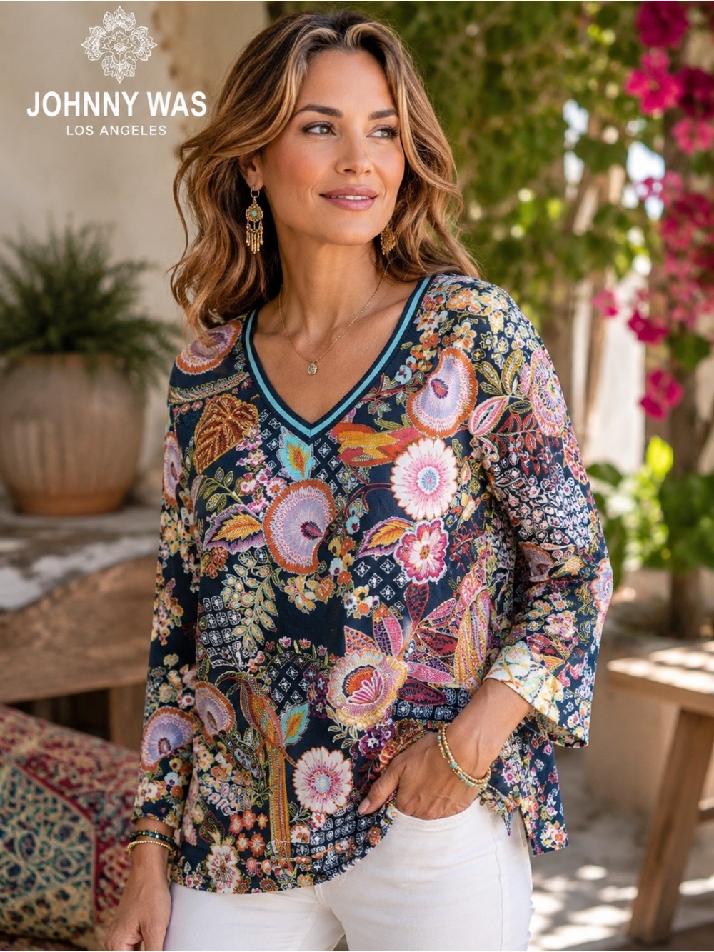 Johnny Was Janie Floral V-Neck Top Boho Stretch Size M Colorful